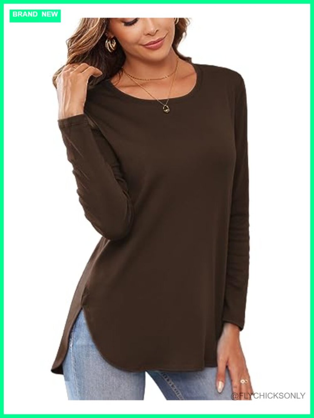 Women Long Sleeve Tunic Top Side Split Loose Pullover Crew Neck Shirt